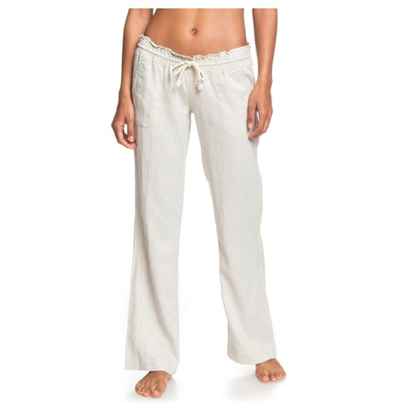 ROXY Oceanside Linen Blend Straight Leg Pants Size Small Stone - Picture 1 of 16